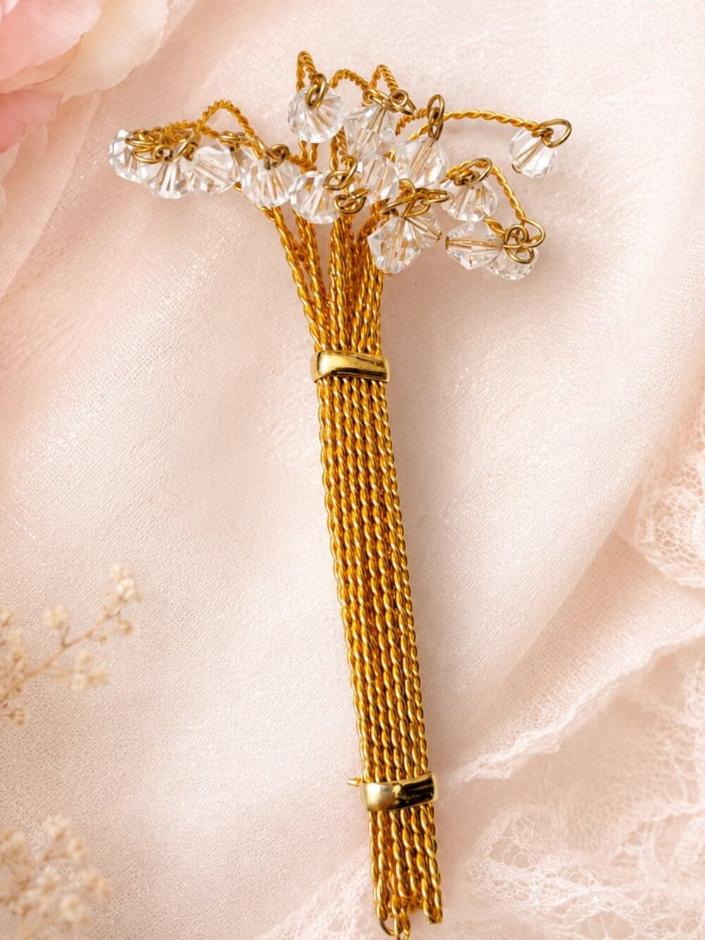 VINTAGE Fountain Spray Brooch: Gold Plate Crystal Dangle Statement Jewelry